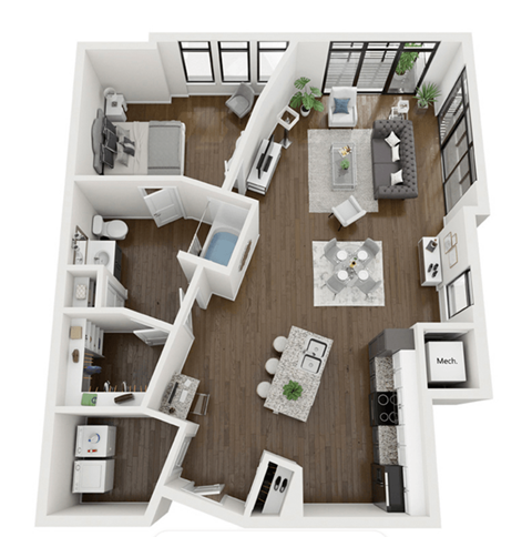 this is a 3d floor plan of a 824 square foot 1 bedroom apartment at the